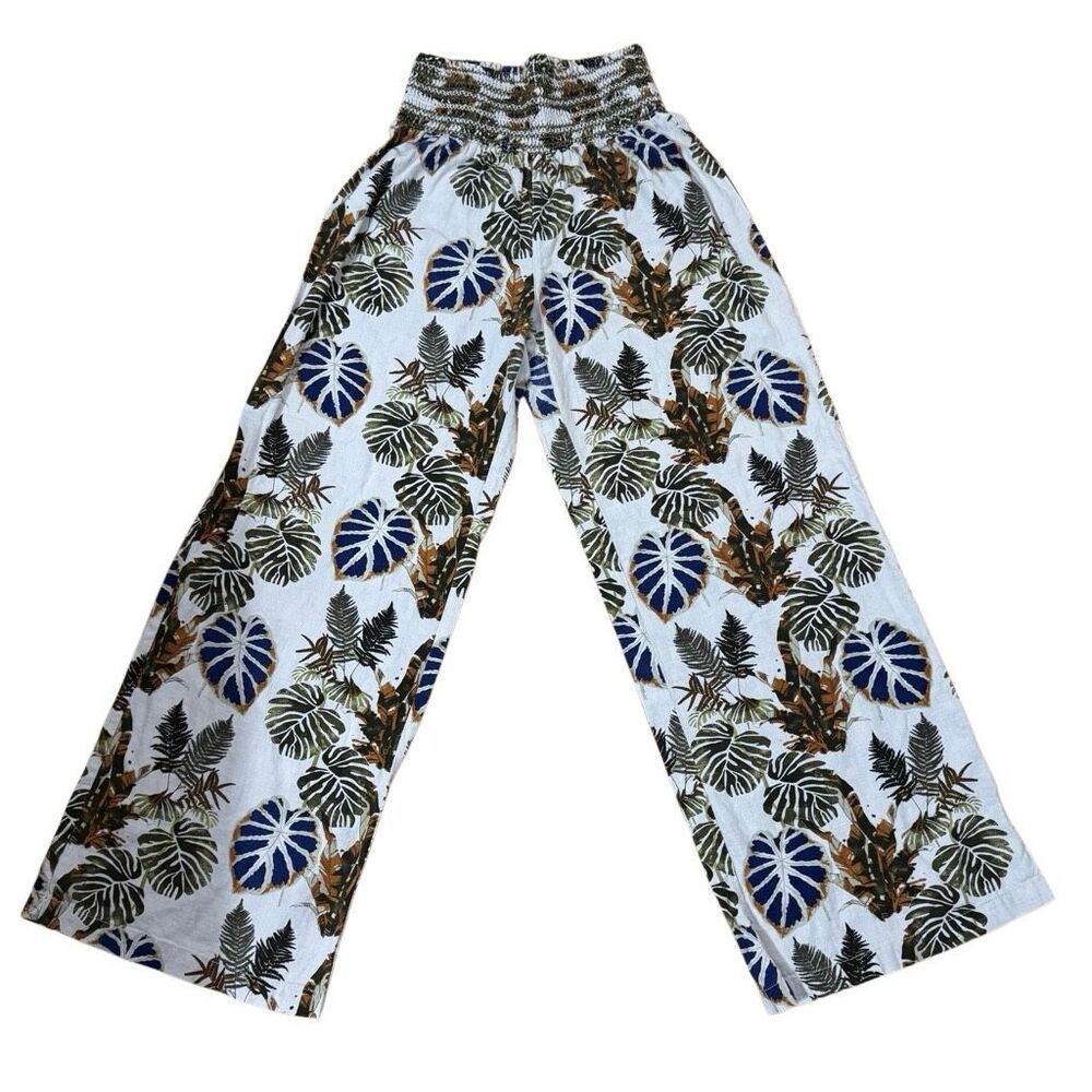 Dahui Hawaii Tropical Leaf Linen Blend Wide Leg Pants L